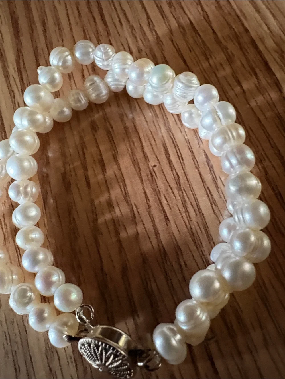 VINTAGE FRESHWATER BAROQUE WHITE PEARL 2-STRAND SILVER SLIDER CLASP 7.5